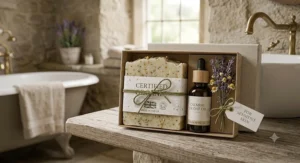 A beautifully presented gift set featuring a certified organic soap bar for sensitive skin made in the UK.