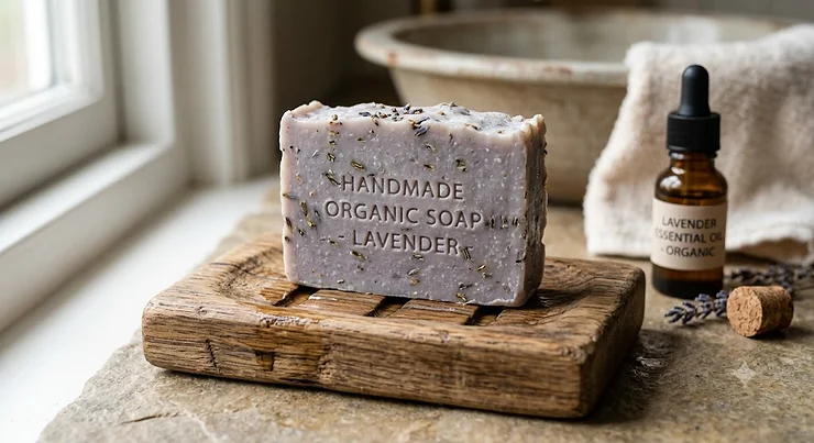 A handmade organic soap bar infused with natural lavender essential oil, resting on a rustic wooden soap dish.