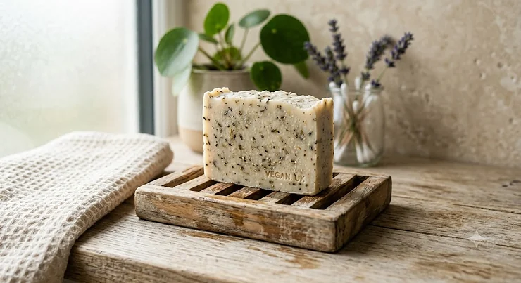Handmade palm oil free vegan soap bar resting on a wooden soap dish.
