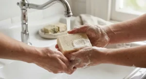 An unscented natural soap bar for eczema being lathered in water to show its gentle, creamy texture for sensitive skin.