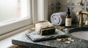 Handmade vegan soap bar for men infused with cedarwood and eucalyptus essential oils on a grey slate soap dish.