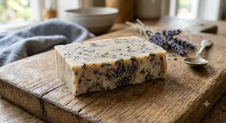 Handmade vegan soap bar infused with dried lavender botanicals on a rustic wooden board
