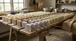 Freshly cut handmade vegan soap bars for dry skin curing on a wooden rack in a UK workshop.