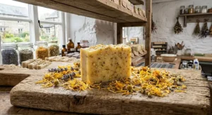 A yellow-tinted calendula natural soap bar for eczema surrounded by dried marigold petals, designed to calm skin inflammation.