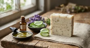 A close-up of a hydrating vegan soap bar for dry skin next to fresh aloe vera slices and olive oil.