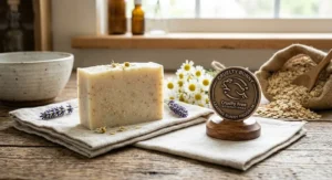 Illustration showing a Leaping Bunny cruelty-free certification emblem next to a gentle soap bar for sensitive skin.