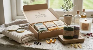A luxury pampering display featuring a premium organic soap bar gift set alongside a soft cotton flannel and a scented candle.