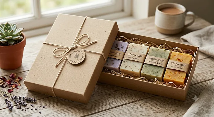 Luxury vegan soap bar gift set in a sustainable cardboard presentation box, perfect for eco-friendly gifting in the UK.