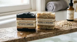 Two organic vegan soap bars for men, including an activated charcoal exfoliating block next to loose oats.