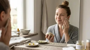 A British woman using a hydrating organic soap bar for face cleansing in her morning bathroom skincare routine
