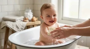 A happy British infant smiling during bath time whilst being washed with a mild organic soap bar for babies.