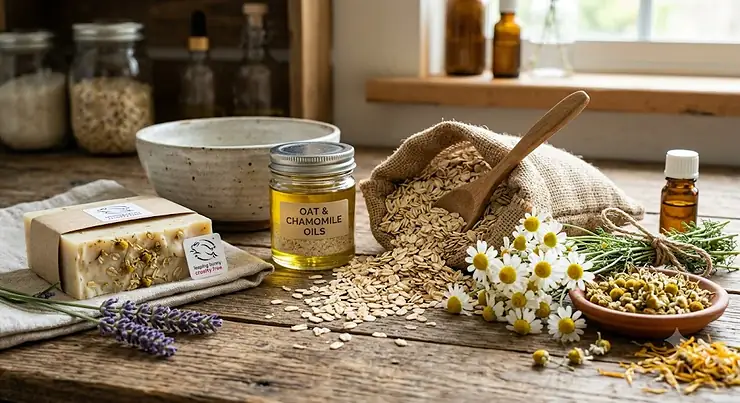 Illustration of natural oat and chamomile botanical ingredients used in cruelty-free soap for sensitive skin.
