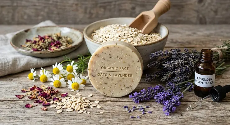 Natural ingredients like oats and lavender surrounding an organic soap bar for face care on a rustic wooden background
