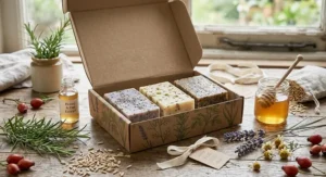 An organic soap bar gift set surrounded by fresh British garden ingredients including rosemary, oats, and honey.