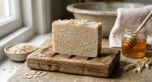 An organic soap bar formulated with natural British oats and honey for soothing sensitive skin.