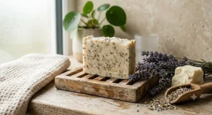 Natural botanical ingredients including dried lavender and shea butter beside a palm oil free vegan soap bar.