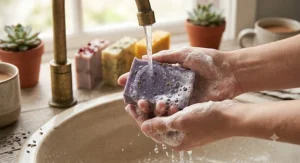 Rich, creamy lather being produced by an artisan vegan soap bar under running water, emphasizing natural skincare.