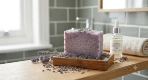 Natural lavender palm oil free soap bar surrounded by dried lavender blossoms on a bathroom shelf