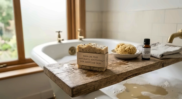 A handmade bar of natural palm oil free soap for sensitive skin resting on a wooden bath tray.