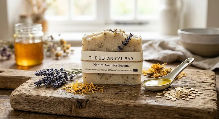 A natural soap bar for eczema made with organic British botanicals and nourishing oils on a rustic wooden board.