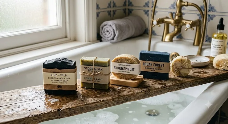 A selection of natural vegan soap bars for men on a rustic wooden bath board in a British bathroom.