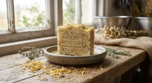 A nourishing herbal vegan soap bar for dry skin with visible calendula petals on a rustic soap dish.
