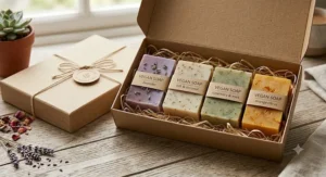 An opened vegan soap bar gift set revealing four distinct natural, handcrafted soap blocks nestled in wood wool.