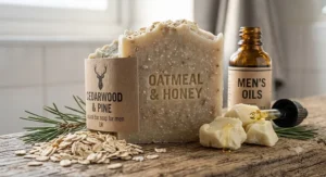 Close up of a natural bar soap for men showing organic ingredients like oats, shea butter, and essential oils.