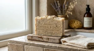 Organic oatmeal and shea butter palm oil free soap for calming itchy sensitive skin.