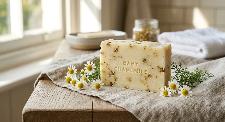 A gentle organic soap bar for babies infused with natural chamomile flowers, perfect for sensitive British newborn skin.