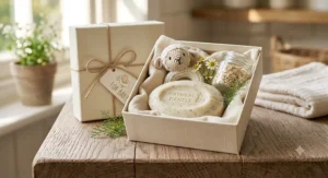 A beautifully presented gift set containing an organic soap bar for babies, ideal for a traditional British baby shower.