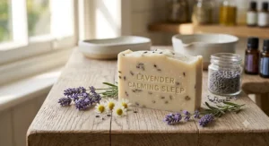 A calming lavender scented organic soap bar for babies, ideal for a relaxing bedtime bath routine.