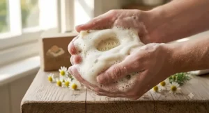 A close up view of a rich creamy lather produced by a gentle organic soap bar for babies.