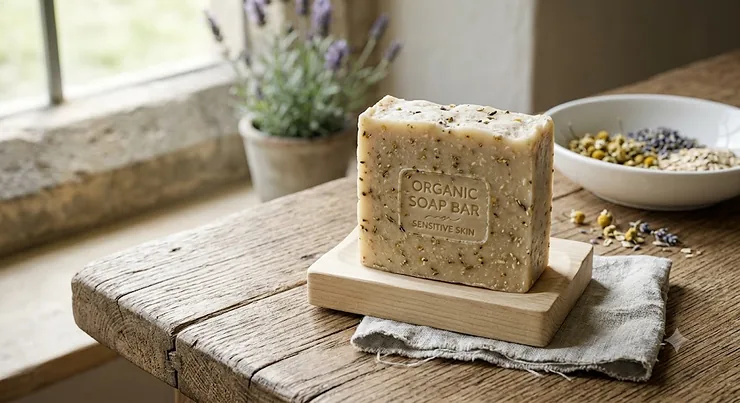 A handmade organic soap bar for sensitive skin formulated with gentle natural ingredients for British skin types.