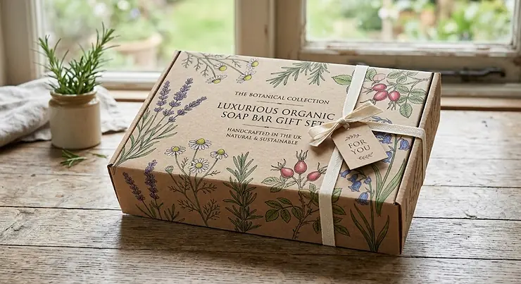 A luxurious organic soap bar gift set in a recycled cardboard box decorated with British botanical illustrations.