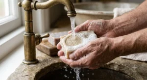 A moisturizing organic soap bar creating a rich, creamy lather under running tap water.