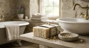 A cruelty free organic soap bar for sensitive skin placed next to a traditional porcelain bathroom sink.