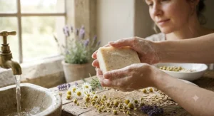A person lathering an organic soap bar for sensitive skin during a gentle daily cleansing routine.