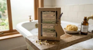 A set of gentle palm oil free soaps suitable for sensitive skin presented in eco-friendly gift packaging.