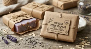 Eco friendly plastic free packaging for a natural vegan soap bar wrapped in recyclable brown paper