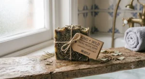 Premium botanical vegan soap bar for men with dried rosemary leaves embedded, emphasizing zero synthetic chemicals.