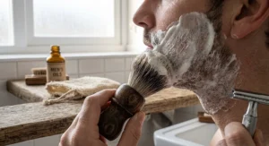 A rich lather from a natural bar soap for men being applied with a traditional shaving brush.