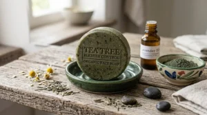 Tea tree infused organic soap bar for face care designed for acne-prone skin and blemish control