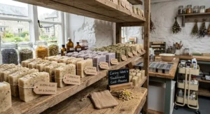 Stops of artisan cold-process natural soap bars formulated for eczema relief curing on a shelf in a UK workshop.
