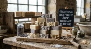 A rustic stack of traditional cold process organic soap bars cut by hand in a UK workshop.