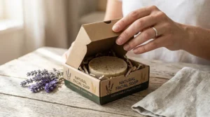 Hand opening a plastic-free cardboard box containing a sustainable organic soap bar for face washing