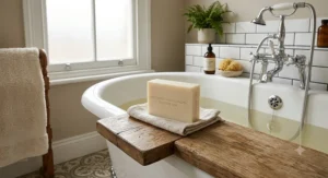 An unscented hypoallergenic palm oil free soap bar ideal for delicate sensitive skin in a British bathroom setting.