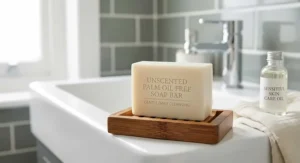 Unscented palm oil free soap bar formulated for sensitive skin, suitable for gentle daily cleansing