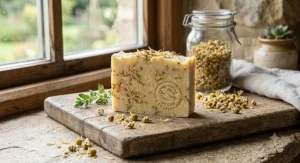 Leaping Bunny certified cruelty-free soap bar with natural dried chamomile petals