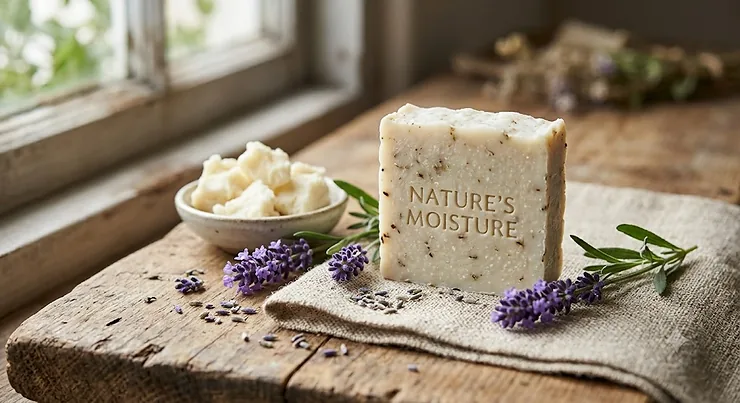 A natural vegan soap bar for dry skin crafted with nourishing organic ingredients like shea butter and lavender.
